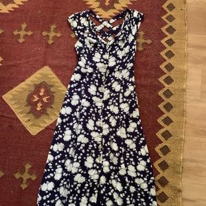 Anthro Navy Floral Dress With Cris-Cross Back